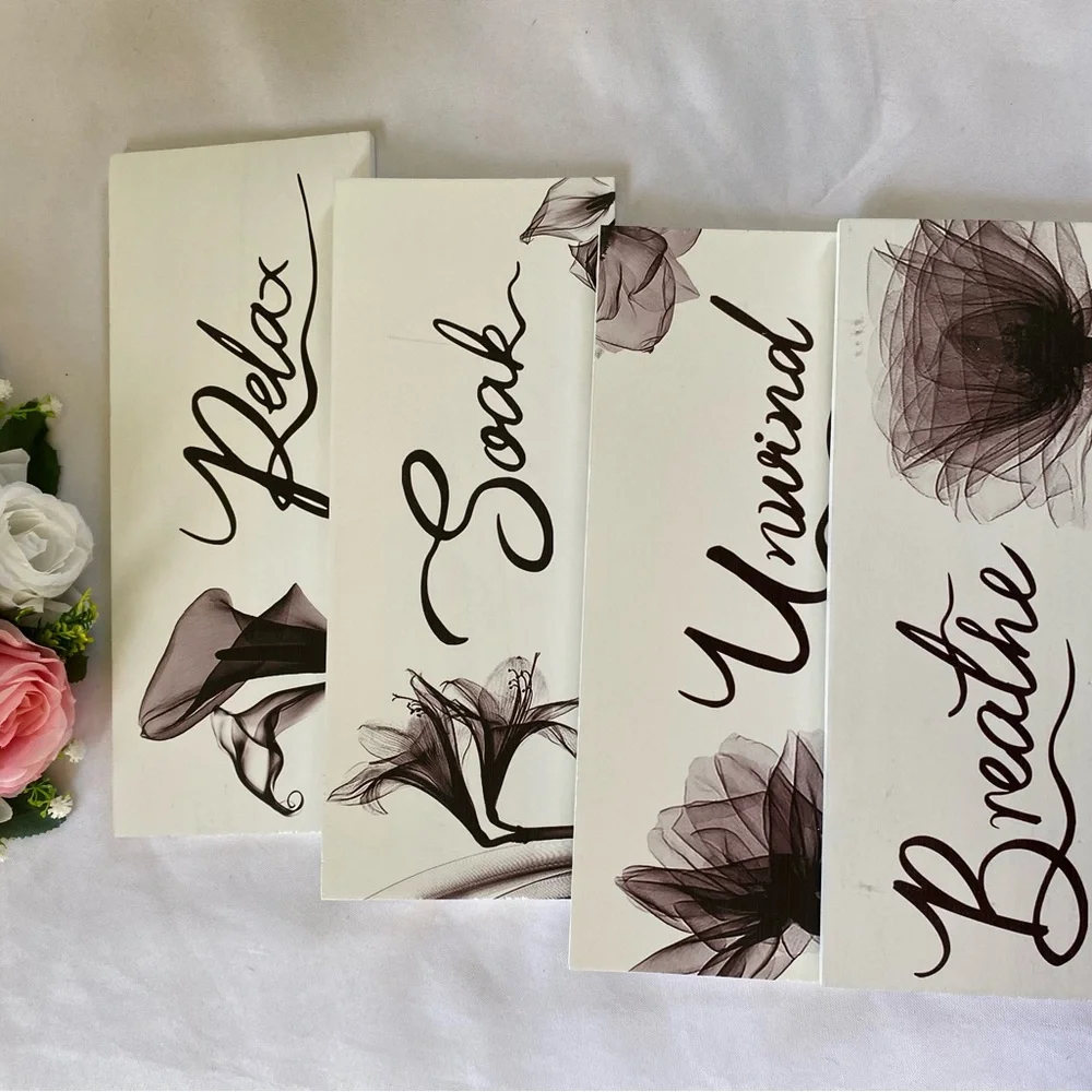 4 pcs relax soak unwind breathe woods Floral Relaxation Wall Art Set new